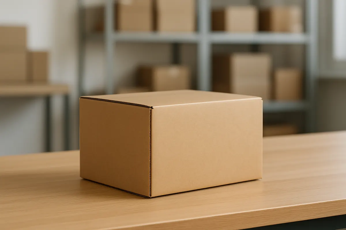 Corrugated shipping boxes stacked in a warehouse racking bay