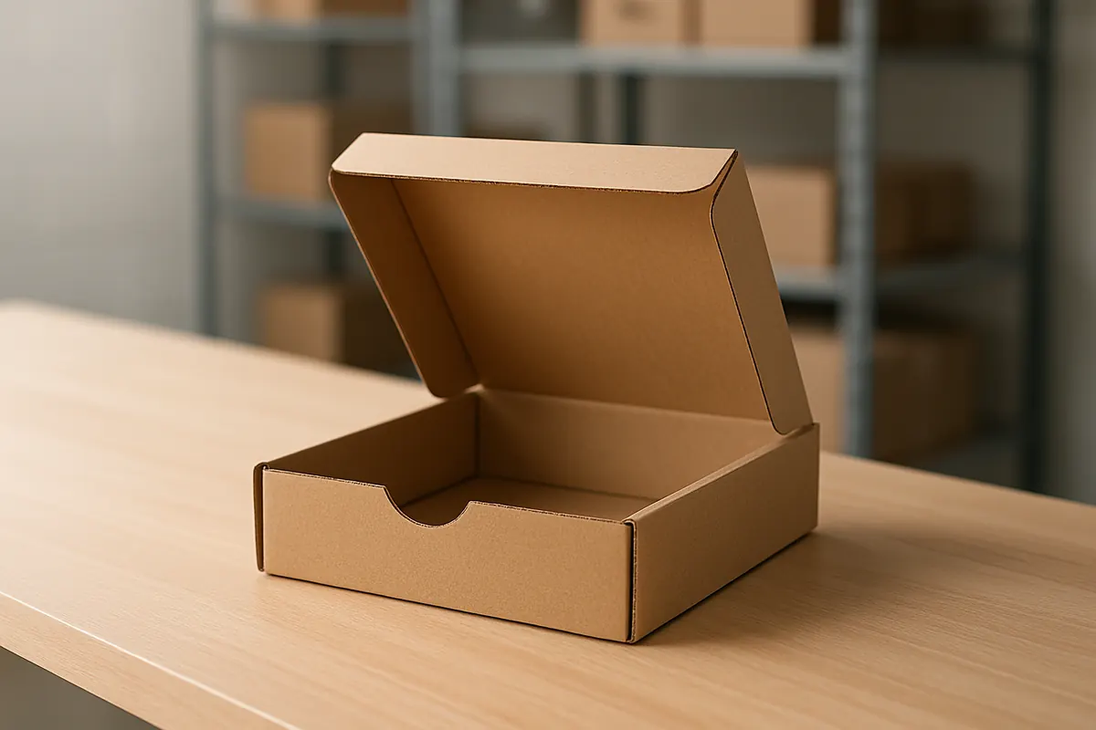 Printed ecommerce mailer boxes on a packing bench