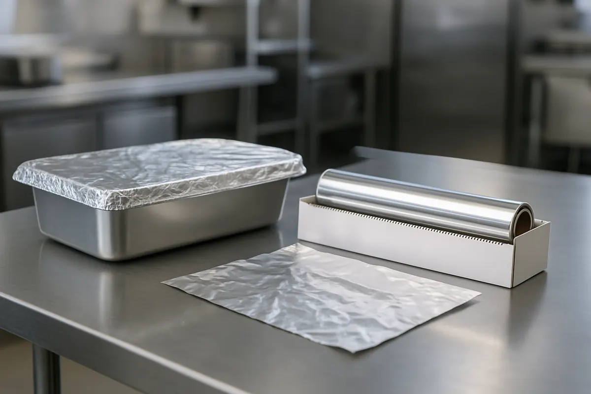 Heavy-Duty Aluminum Foil Roll — in use on a packing bench