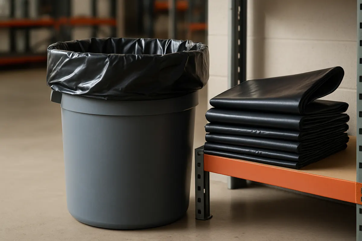 Heavy-Duty Trash Bags, 55-60 Gallon — in use on a packing bench